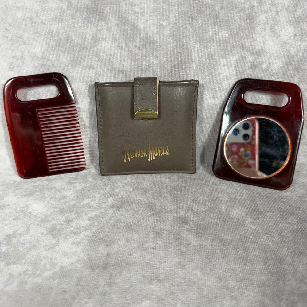 Vtg Neiman Marcus Faux Tortoise Comb & Mirror Travel Set Brown Leather Pouch MCM